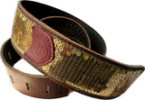 Copperpeace Glovely Gold Sequined Brown Leather Guitar Strap with Red Pick Pocket