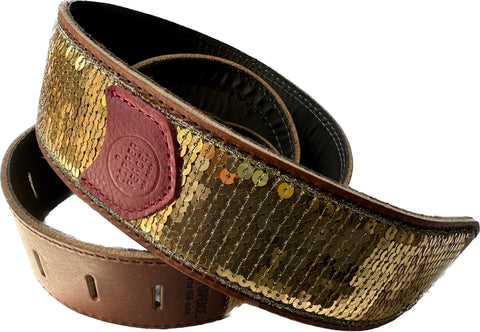 Copperpeace Glovely Gold Sequined Brown Leather Guitar Strap with Red Pick Pocket